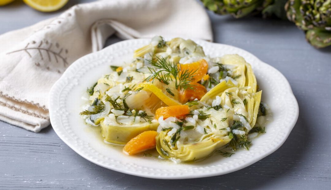 Αγκινάρες γεμιστές με ρύζι, αρακά και μυρωδικά